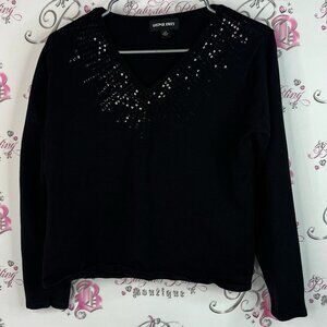 Kasper Knits sweater sparkly embroidered sequins Black Top with Silver Sequins